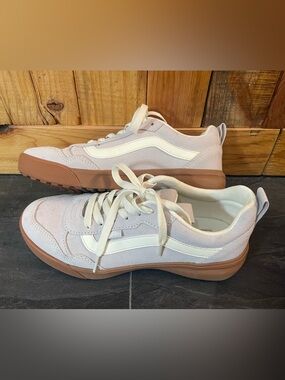 Vans Suede Sneakers in Wind Chime (light purplish gray) and Gum Brown